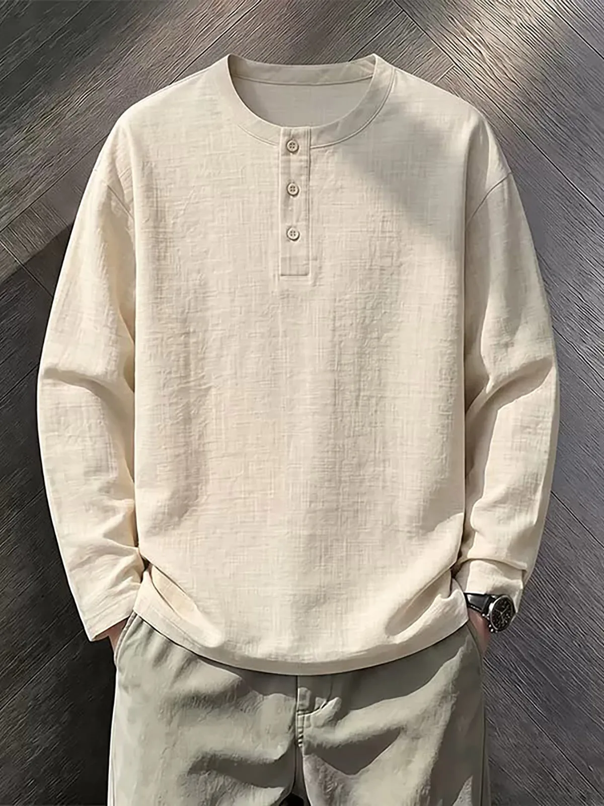 Loose Fit Long Sleeve Henry Collar T-Shirt Men's Linen Simulation Casual Wear Comfortable Lightweight Luxury Simple Style