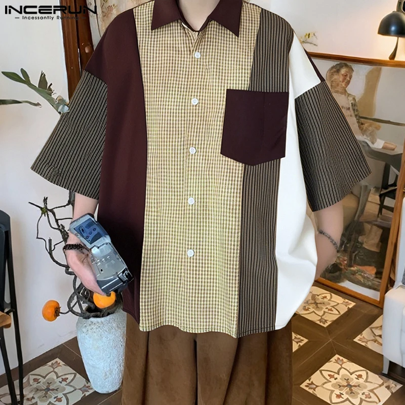 INCERUN Men Shirts Fashion Summer Short Sleeve Tops Streetwear Stripe Plaid Shirt Patchwork Tee Oversize Men's Clothing S-5XL