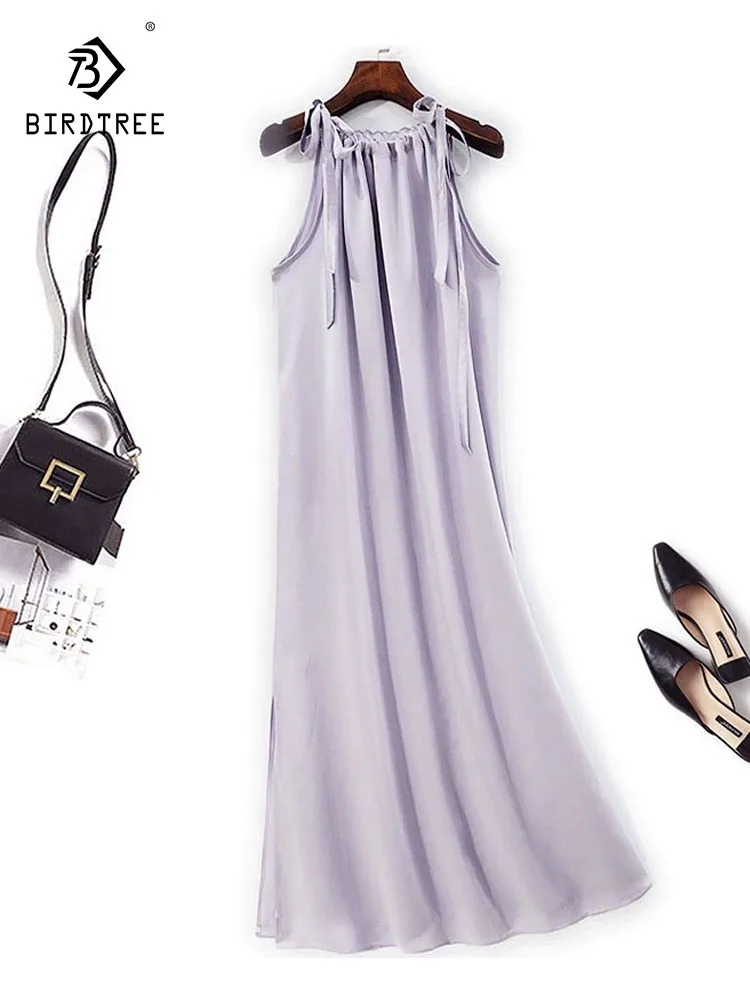 BirdTree-Silk Elegant Vest Dress, Halter Sleeveless Lace-up, Women Fashion Sexy Commute Solid Dresses, 2025 Autumn D5O895CC
