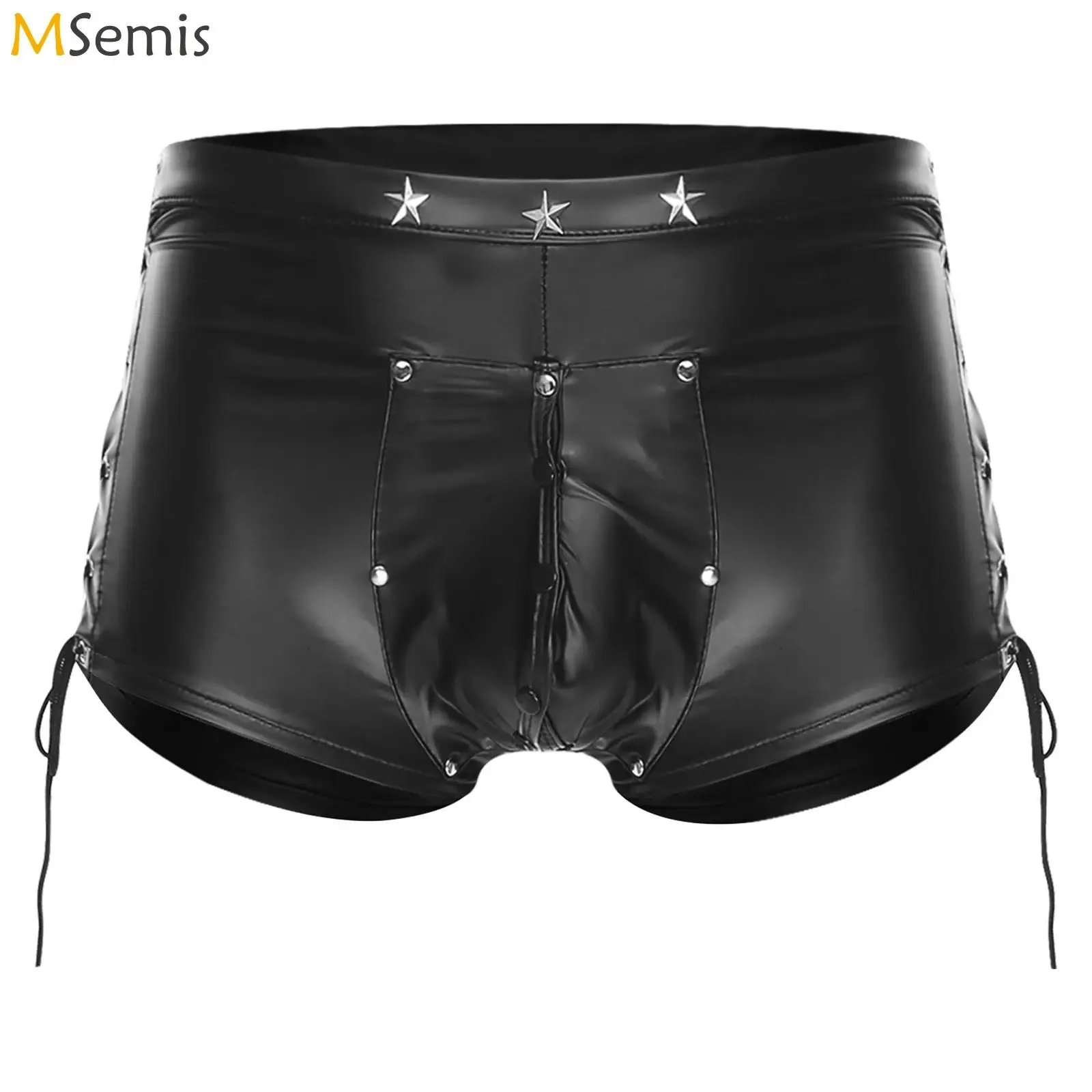 Mens Gothic PU Leather Latex Shorts Both Sides Lace-up Star Rivets Openable Pouch with Buttons Hot Pants Boxer Shorts Clubwear