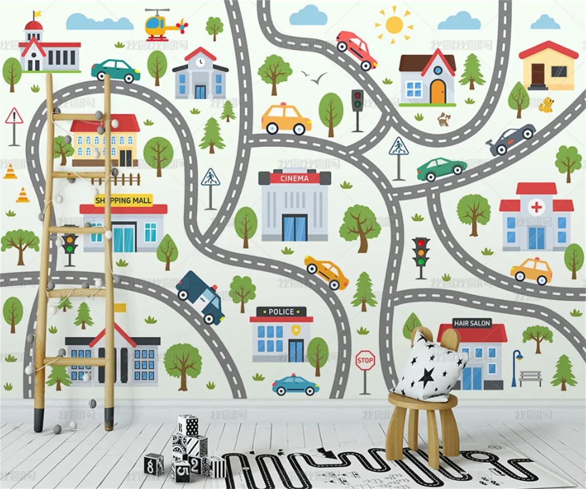 beibehang Customize the latest Nordic i-hand drawn house cartoon road car children's room bedroom background wallpaper