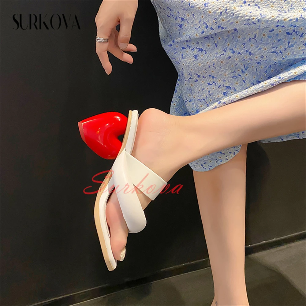 

Thong Heart High Heel Sandals for Women Solid Color Leather Shaped Heel Fashion Slippers Square Open Toe Flip Flops Women Shoes