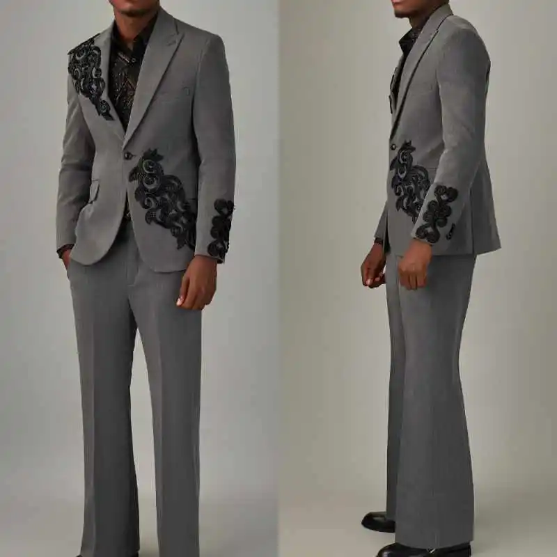 

Classic Mens Suits 2 Pieces One Button Blazer Pant Peaked Lapel Applique Formal Occasions Party Customized Ropa Hombre