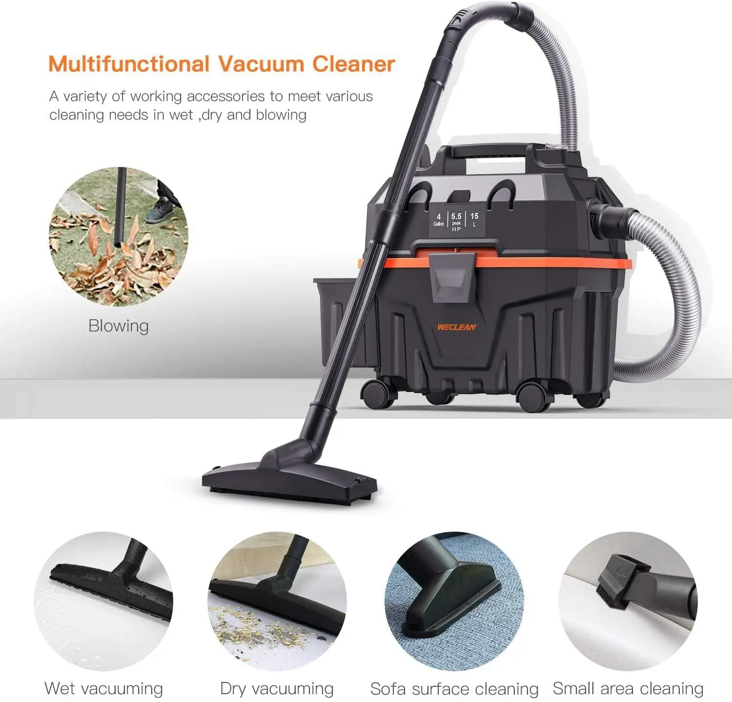 4 Gallon 5.5 Peak HP Commercial Wet Dry Vacuum Cleaner Shop Vac for Outdoor Patio Wet & Dry Construction Shop Vac W/ Blower Gift