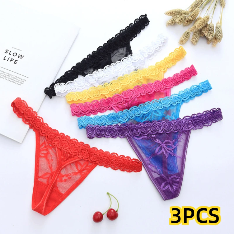 

3PCS Sexy Lace Love G-string for Women Transparent Thong Low Waist Panties Cotton T-shaped Underpants T-back Underwear Wholesale