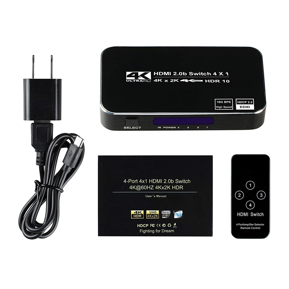 2022พอร์ต4พอร์ต18Gbps HDR 4K HDMI 2.0 4X1สนับสนุน HDCP 2.2 HDMI Switch HUB กล่อง IR Mini HDMI Switch Remote สำหรับ PS4 360