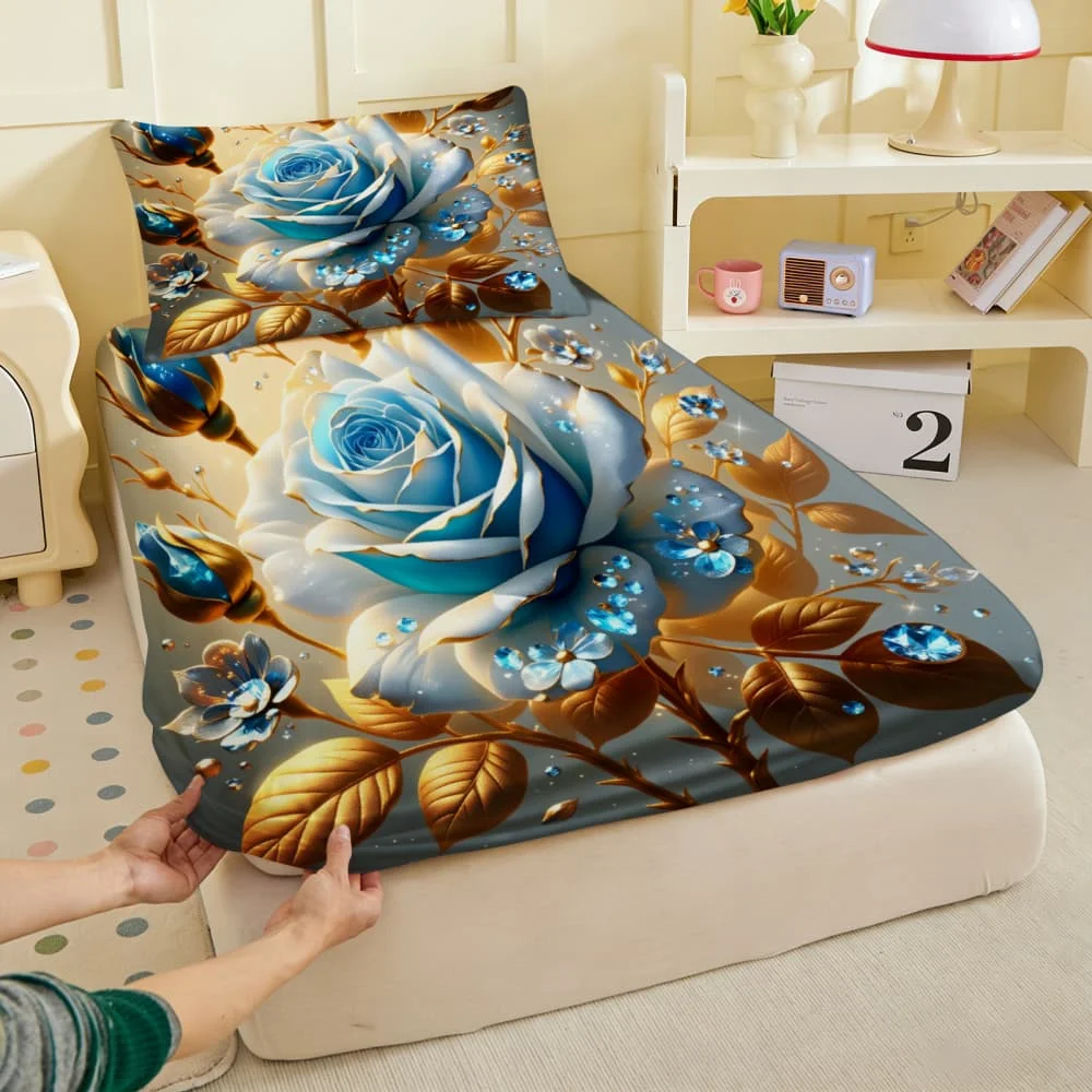 1pc Blue Rose Gold Filigree&Crystal Print Fitted Sheet Deep Pocket Elastic Mattress Cover Single Double Queen King Bedroom Decor