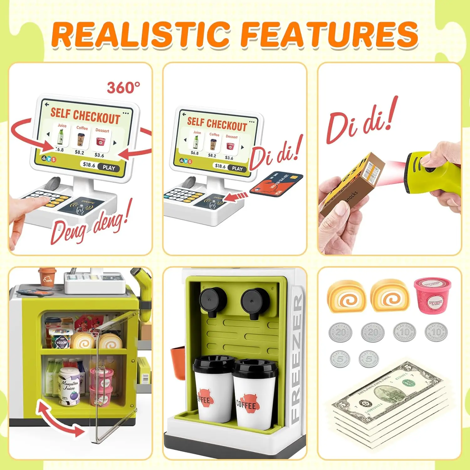 2 in 1 Simulation Supermarket Cash Register Coffee Machine Toys Pretend Play Toy with Scanner and Calculator Play food for Kids