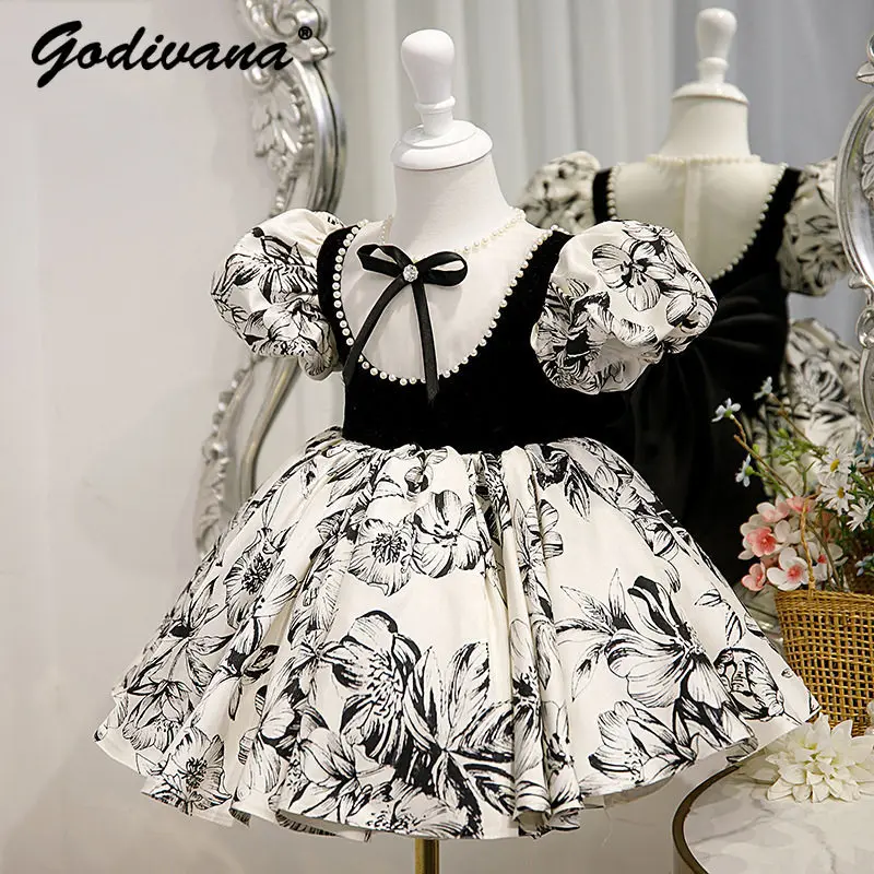 Sweet Baby Girls Summer New High End Performance Princess Dress Kids Heavy Print Puff Sleeve Bow Pearls Neck Birthday Party Gown