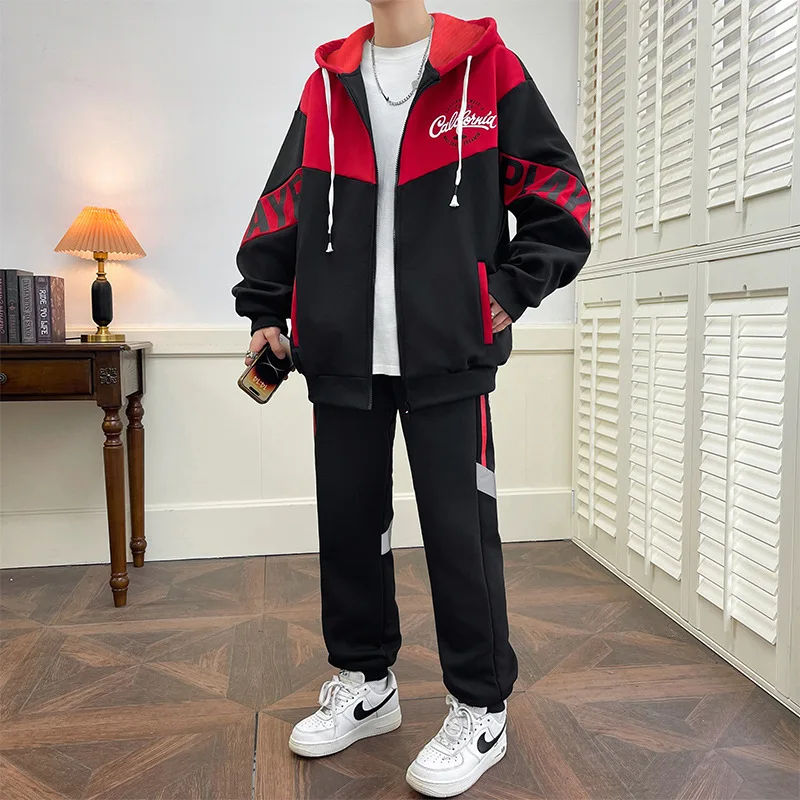 Vielseitiger, trendiger zweiteiliger Trainingsanzug für Herren mit Kapuze, lockerer Passform, langärmligem Sweatshirt, Jogginghose mit Kordelzug, Schuluniform, Alltagskleidung – Detail 4