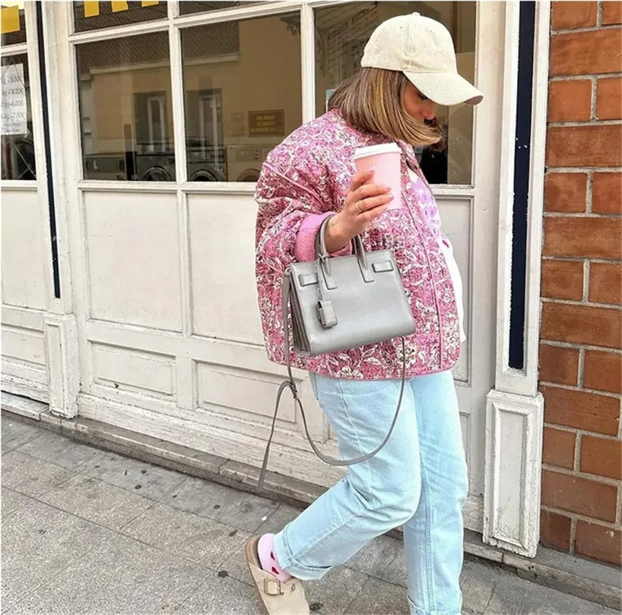 Elegant Pink Floral Print Women Cotton Jacket Fashion Vintage Autumn Winter Warm Long Sleeve Loose Quilted Coats Chic Outerwear