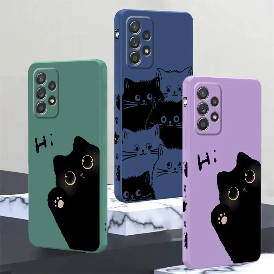 Cute Black Cat Phone Case for Samsung Galaxy A11 A12 A13 A21s A22 A23 A24 A25 A32 A33 A34 A42 A52 A52s A53 4G 5G Silicone Cover