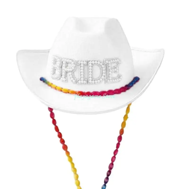 Y88A قبعة راعية البقر لحفلات الزفاف مصنوعة يدويًا مع حرف العروس اللؤلؤي قبعة فيدوراس الغربية مع حبل الذقن الملون للعروس #5