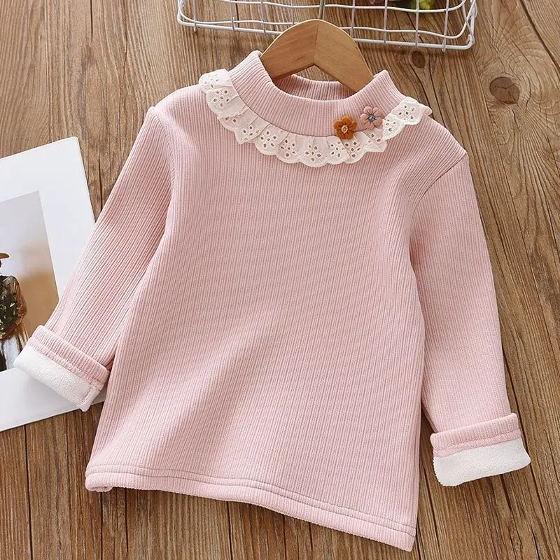 

Autumn and Winter New Girls Baby Cute Lace Doll Neck Warm Half High Neck Top Children's Long Sleeve T-shirt Girls Bottom Shirt