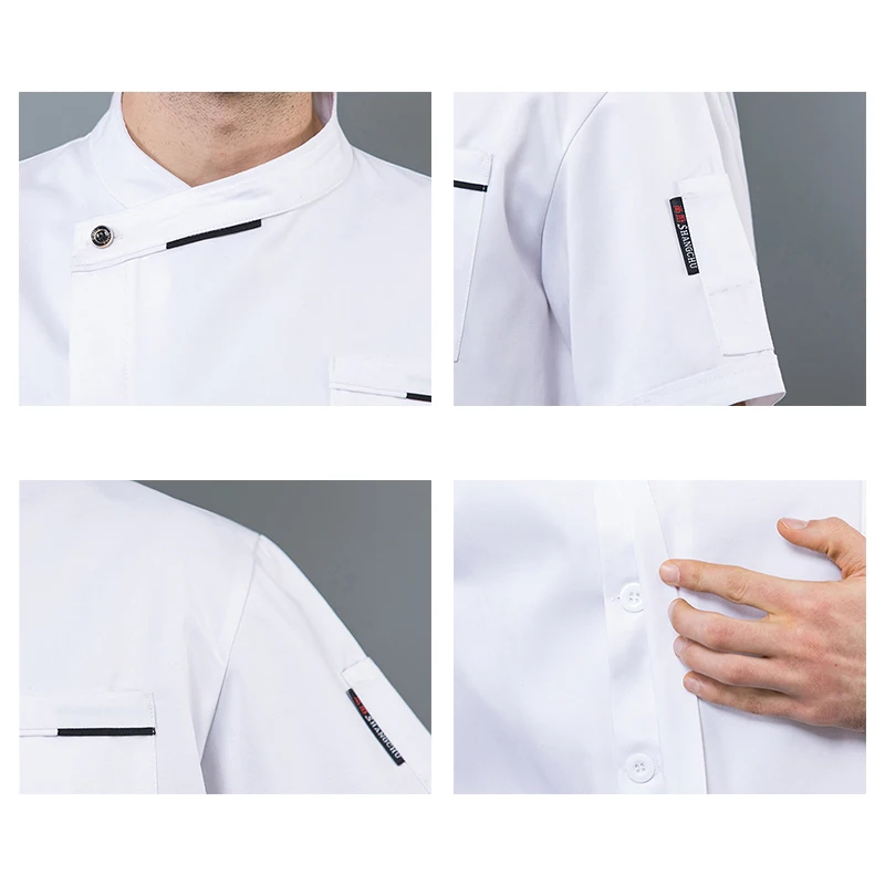 Restaurant Blue Kitchen Uniform Hotel Women Chef Cooking Jacket Cafe Bakery Waiter Breathable Short Sleeve Work Clothes Shirt