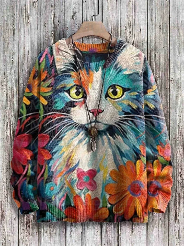 Halloween Cat Multicolor Print Casual Knit Pullover Sweater Men's For Women's Pullover