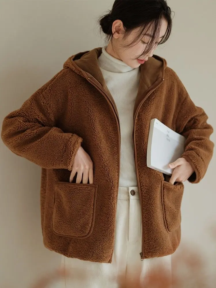 Korean style New Autumn Winter Fashion Women Long Sleeve Loose Zipper Jackets Casual Thick Warm Hooded Grain Fleece Coats