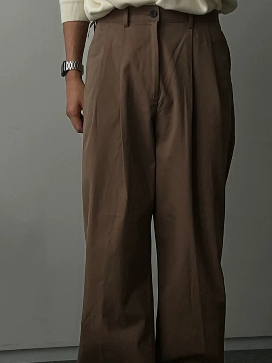 American Style Brown Workwear Pants Men's Loose Straight Leg Trousers No Ironing Half Elastic Buttoned Suit Pants Casual Wear