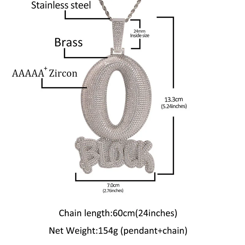 Hip Hop 5A+ CZ Stone Bling Ice Out Big Size O BLOCK Pendants Necklace for Men Rapper Jewelry Silver Color