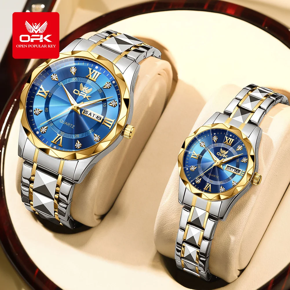 OPK Couple Watches 6023cp Trend Fashion Original Quartz Watch for Lover Rhombus Texture Strap Double Scale Waterproof Date Week