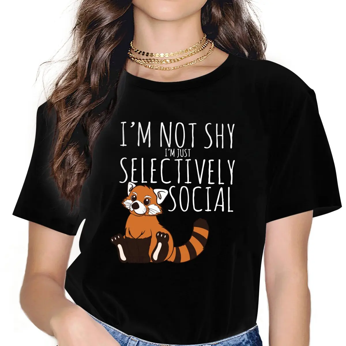 Women's Lover Introvert Selectively Social T Shirt Red Panda Tops Humor Short Sleeve Crew Neck Tees Adult T-Shirt