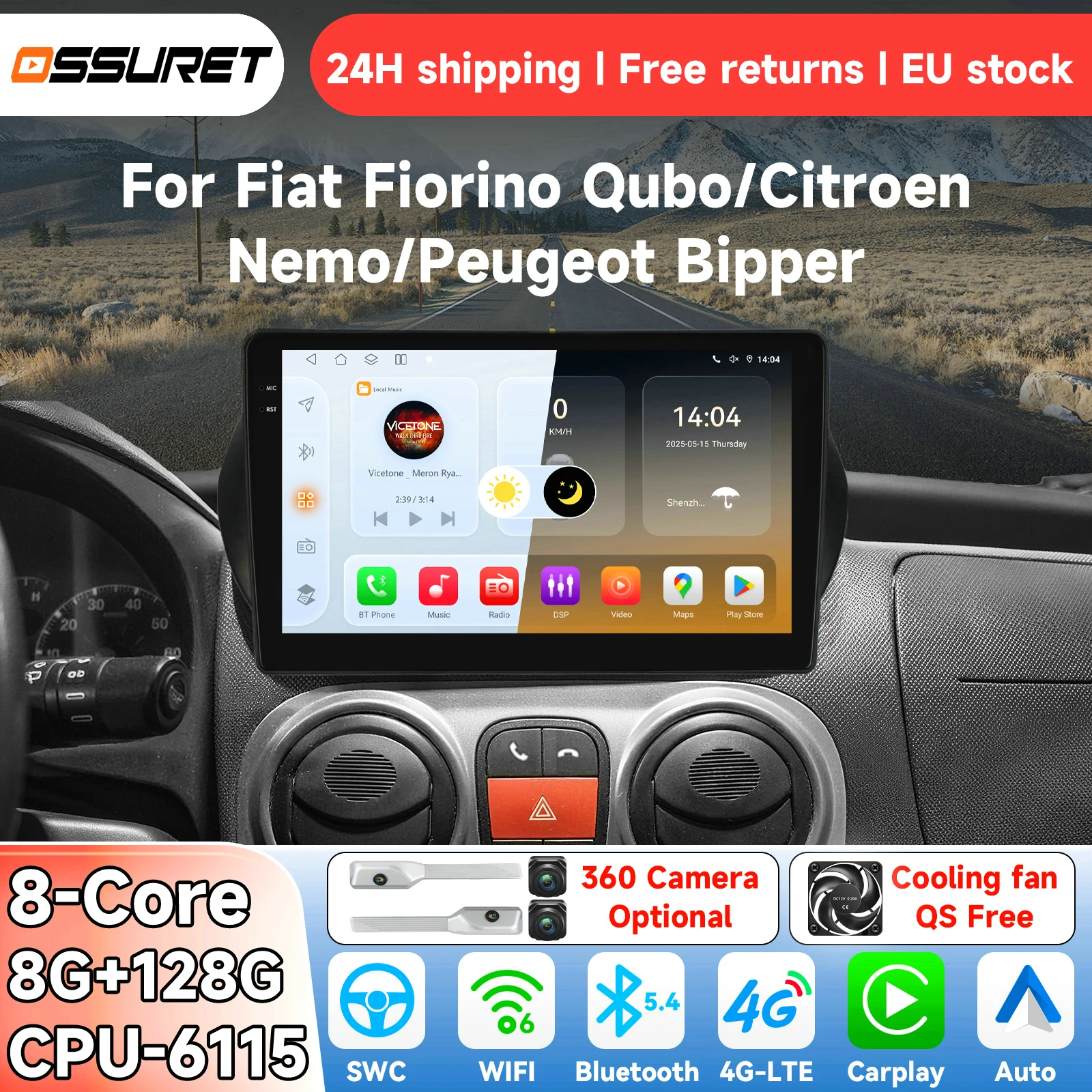 OSSURET Android14 Autoradio per Fiat Fiorino Qubo Citroen Nemo Peugeot Bipper 2008-2017 Sistema intelligente Carplay auto Lettore multimediale video GPS 4G 6115