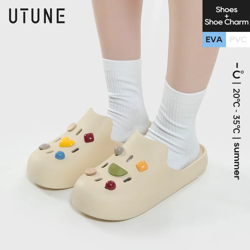 UTUNE Women's Mules Clogs Sandals Summer Shoes and Shoes Charm DIY Outdoor Wear Indoor Home Thick Heels Office Slip-on Slipper