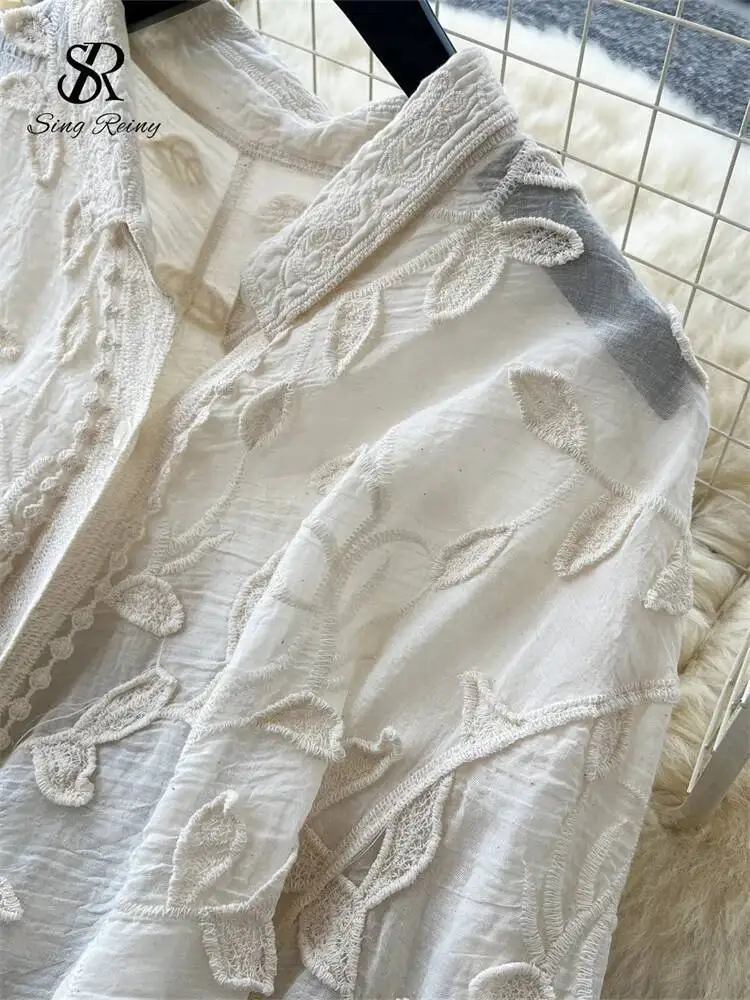 

SINGREINY 2025 Spring Gentle Women Blouse Leaves Embroidery Single Breasted Long Sleeves Summer Thin Streetwear Casual Shirt