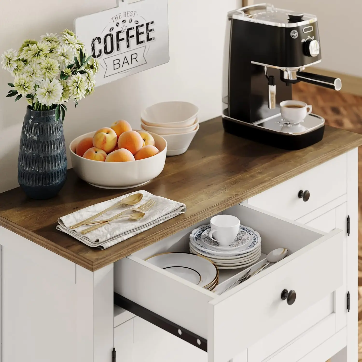 طاولة كونسول للمزرعة مع بابين ودرجين ورف تخزين - طاولة مدخل بيضاء للمطبخ والممر وغرفة المعيشة