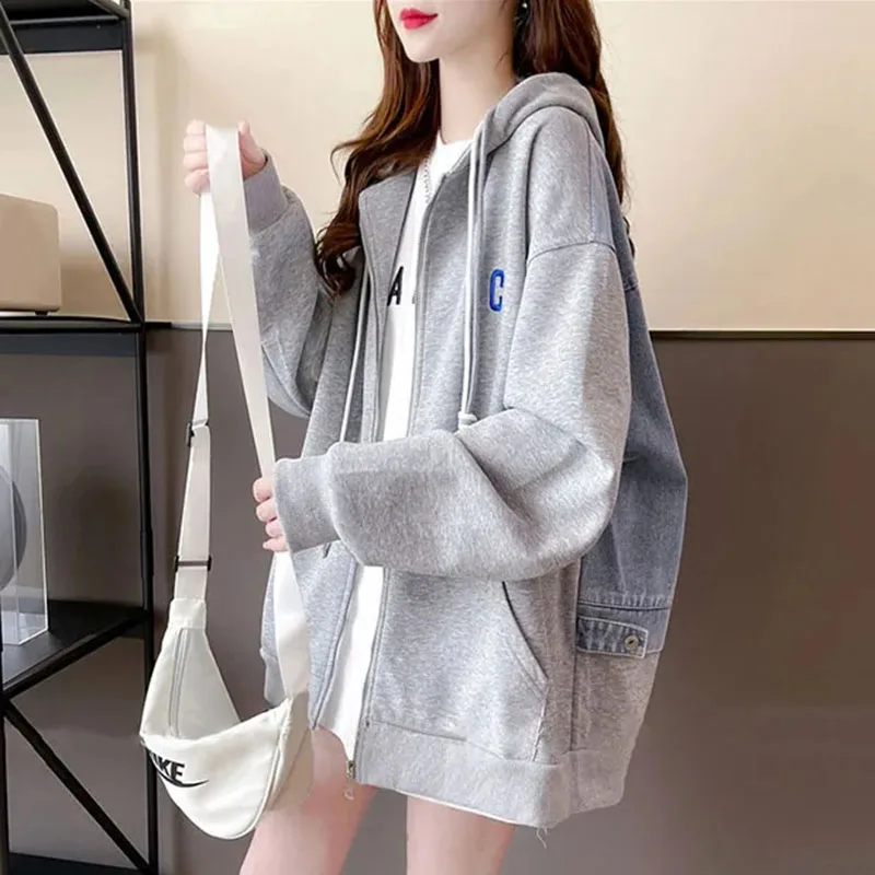 

Oversized Hoodies Women Spring Autumn Hooded Baseball Jacket Fashion Jeans Splice Fake Two-Piece Cardigan Hoodie Casual Coats