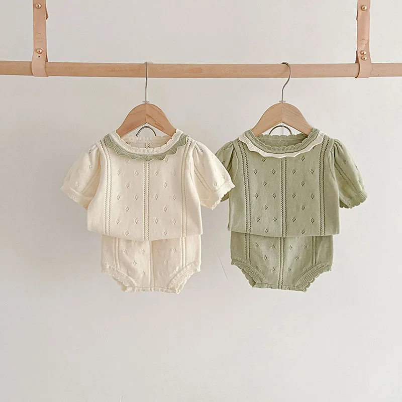 2024 Summer New Baby Clothing Set Hollow Out Knit Tee and Shorts 2 Pcs Girls Suit