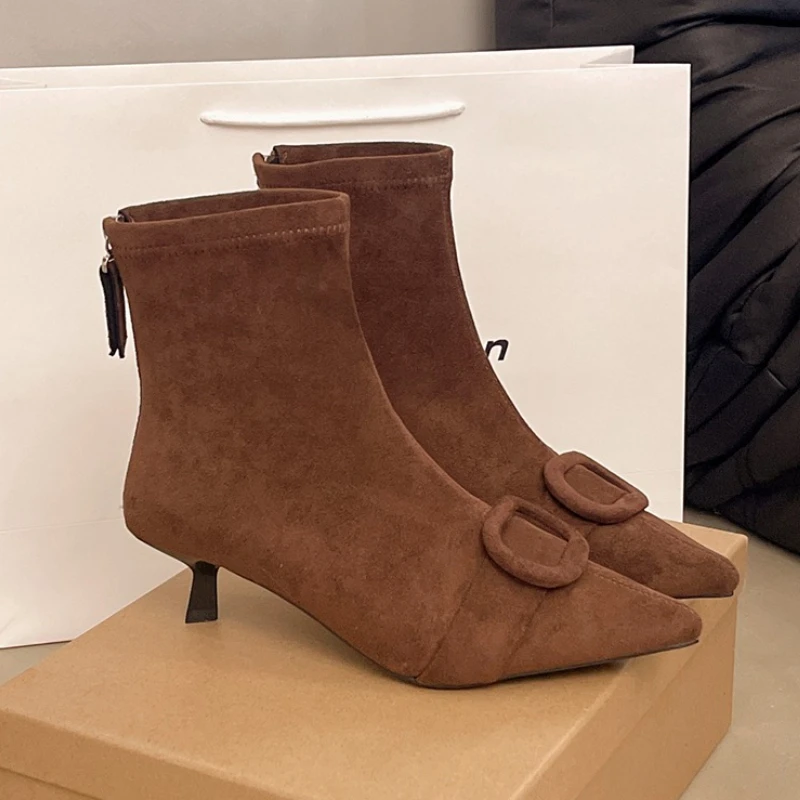 

Женские ботильоны на высоком каблуке, зимняя обувь с острым носком, элегантная модельная женская обувь, короткие ботинки «Челси», модные туфли-лодочки Mujer