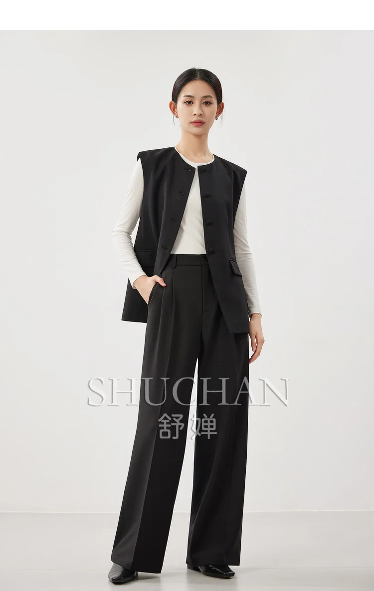 

High-quality Wool Blended Twill Material Sleeveless Vest + Straight Trousers Set Women 2024 Autumn