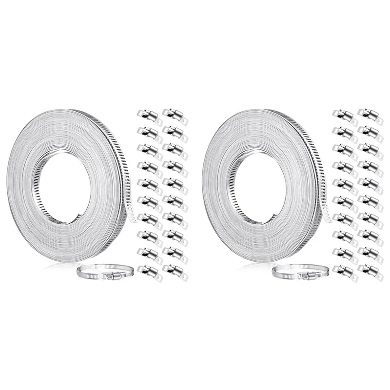 

ABAE-2Pcs 33Ft Stainless Steel Hose Clamp DIY Metal Strap And 40 Pcs Fasteners Adjustable Worm Gear Hose Clamps For Pipe Tube