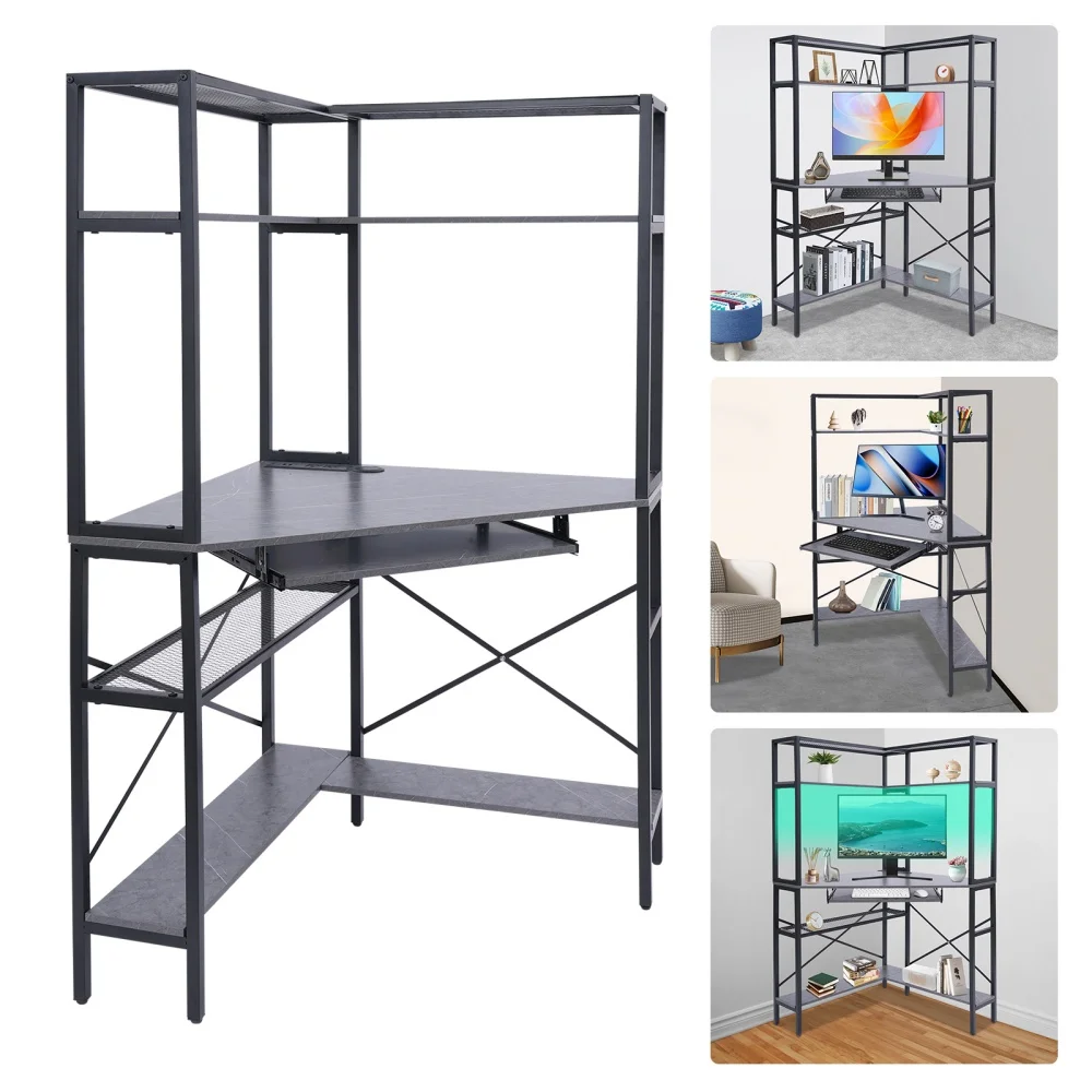 Modern Corner Computer Desk with LED Lighting & Storage Shelves Space-Saving L-Shaped PC Workstation