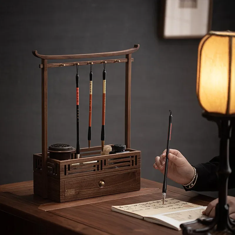 Natural Walnut Wood Pen Holder Desktop Organizer for Calligraphy Brushes Chinese Style Study Room Storage Rack Wenwan Display