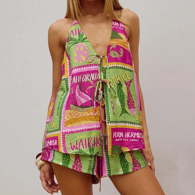 

Lady Hollow Out Lace Up Tops Two Piece Vintage Contrast Color Sleeveless Vest&Shorts Set Summer Casual Loose Beach Vacation Sets