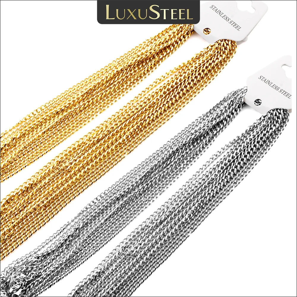 LUXUSTEEL 5Pcs/Lot Punk Cuban Curb Link Chains Necklace For Women Men Golden Color Stainless Steel Collars For Pendants 3.5mm