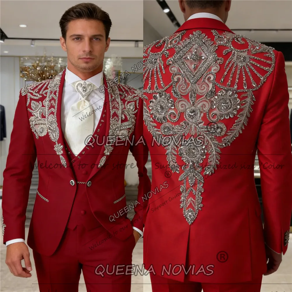 

Brilliant Beaded Crystals Suits Men Slim Fit Single Breasted Jacket Pants 3 Piece Groom Tuxeods Customized Man Banquet Outfits