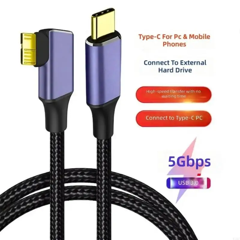 Single Angled Type C To MicroB Data Cable For Fast Mobile Hard Drive Transfer With Nylons Braided Design K1KF