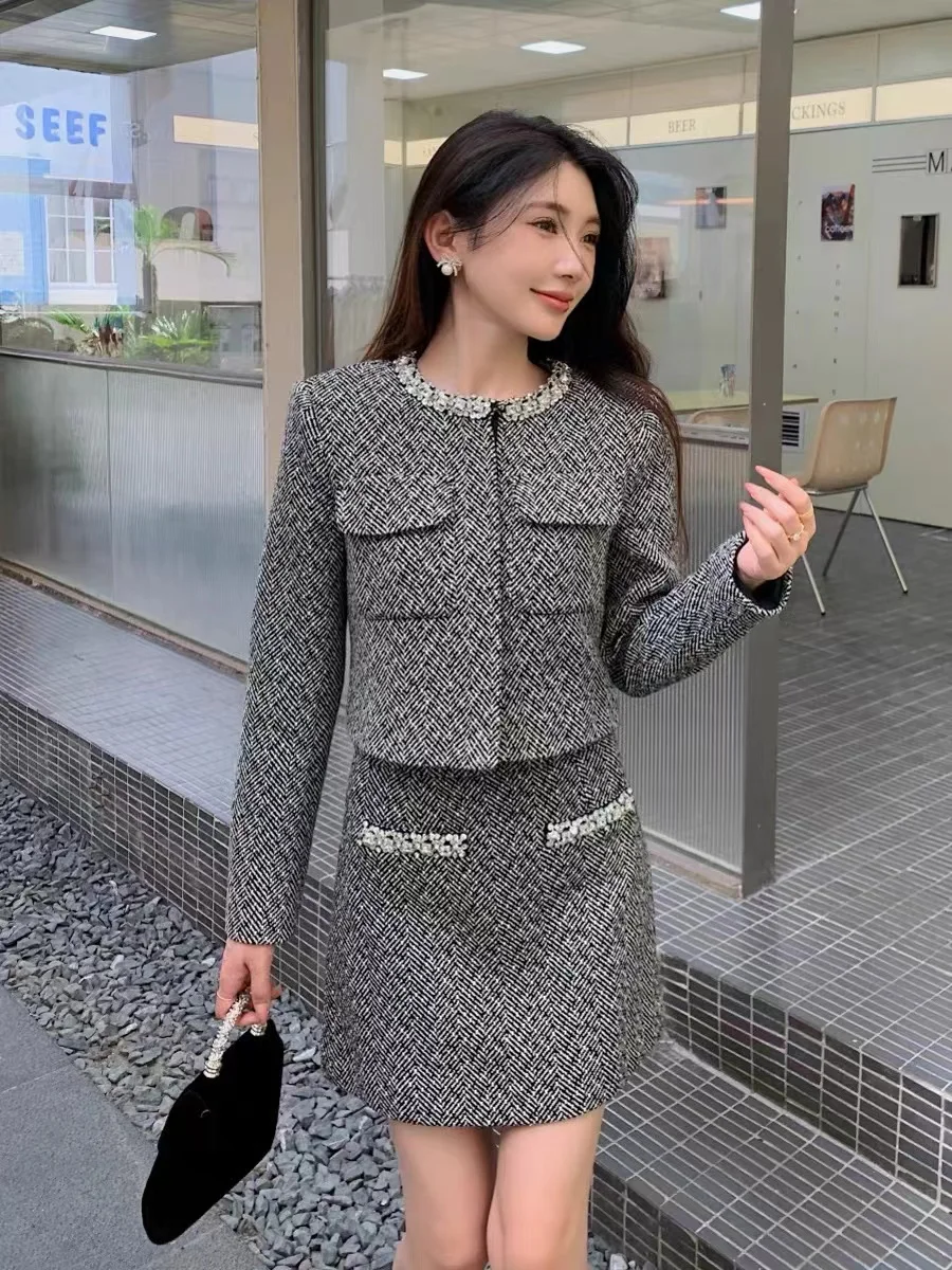 New Gray Long-sleeved Blazer and High-waist Short Skirt Set for Women Female Office Lady Chic Classic Style High Quality Fashion