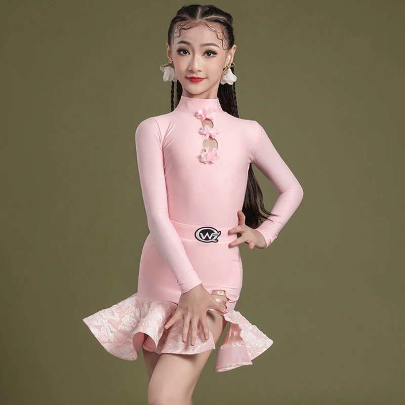 

Розовый детский костюм для латинских танцев, танцевальный костюм для девочек, костюм для выступлений, румба, самба, танцевальная тренировочная одежда, сценическая одежда XH1707