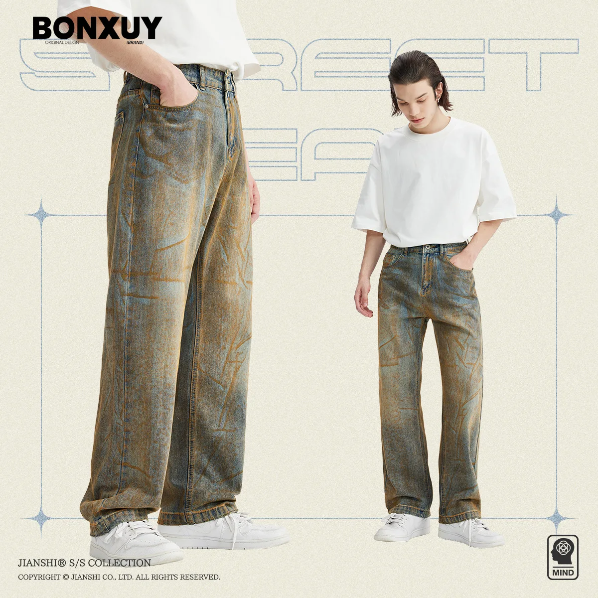 

BOUXY Vintage American hip-hop retro dirtyfty iron show color baggy jeans men's street straight washed old casual long pants