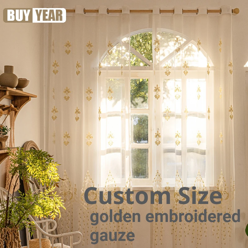 Europeanstyle Window Screen Golden Tulle Embroidered Gauze Curtains for Living Dining Room Bedroom Balcony Modern Luxury Simple