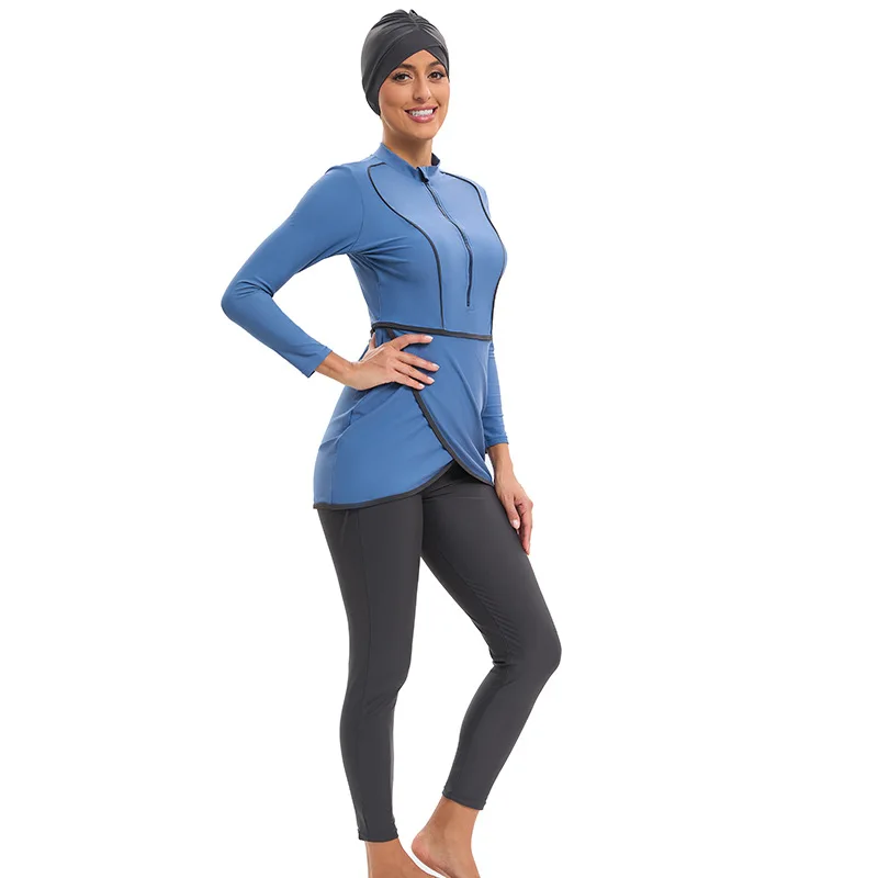 TaoBo 3PCS Women Blue Black Muslim Swim Suit All Cover Modest Patchwork Hijab Long Sleeves Sport Swimwear Burkini Islamic Design