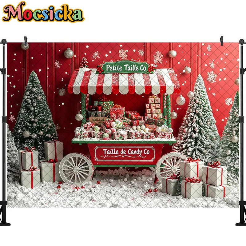 Mocsicka fondo de fotografía, carrito de tienda de dulces, árbol de Navidad, decoración de vacaciones, fondos de fotos para niños, accesorios de estudio