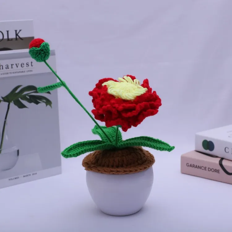 Hand-crocheted Peony Potted Plant Simulation Green Plant Wool Flower Eternal Flower Holiday Gift