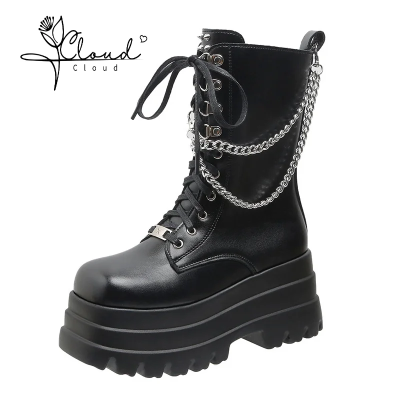 

2024 Platform Thick Gothic Women Winter Boots Lady Buckle Autumn Shoes Women Wedges Knee High Boots Punk Street Motorcycle Chain