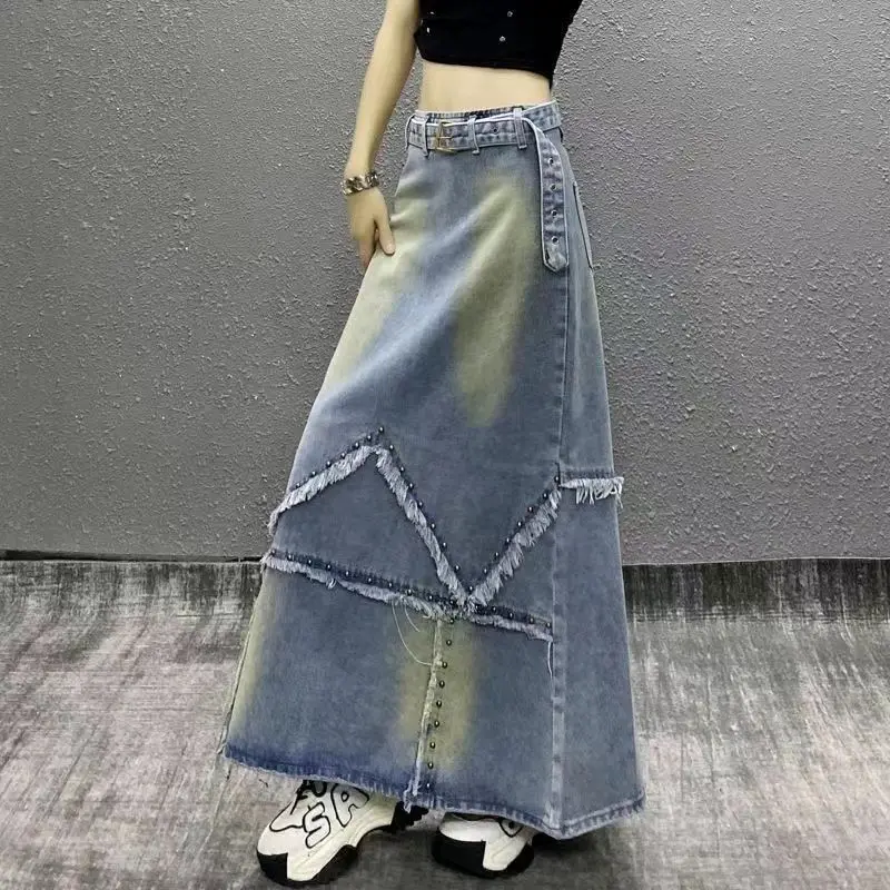 

Heavy Industry Nail Bead Washed Rough Edge Denim Skirt for Women's Autumn New Style High Waist Medium To Long A-line Skirt