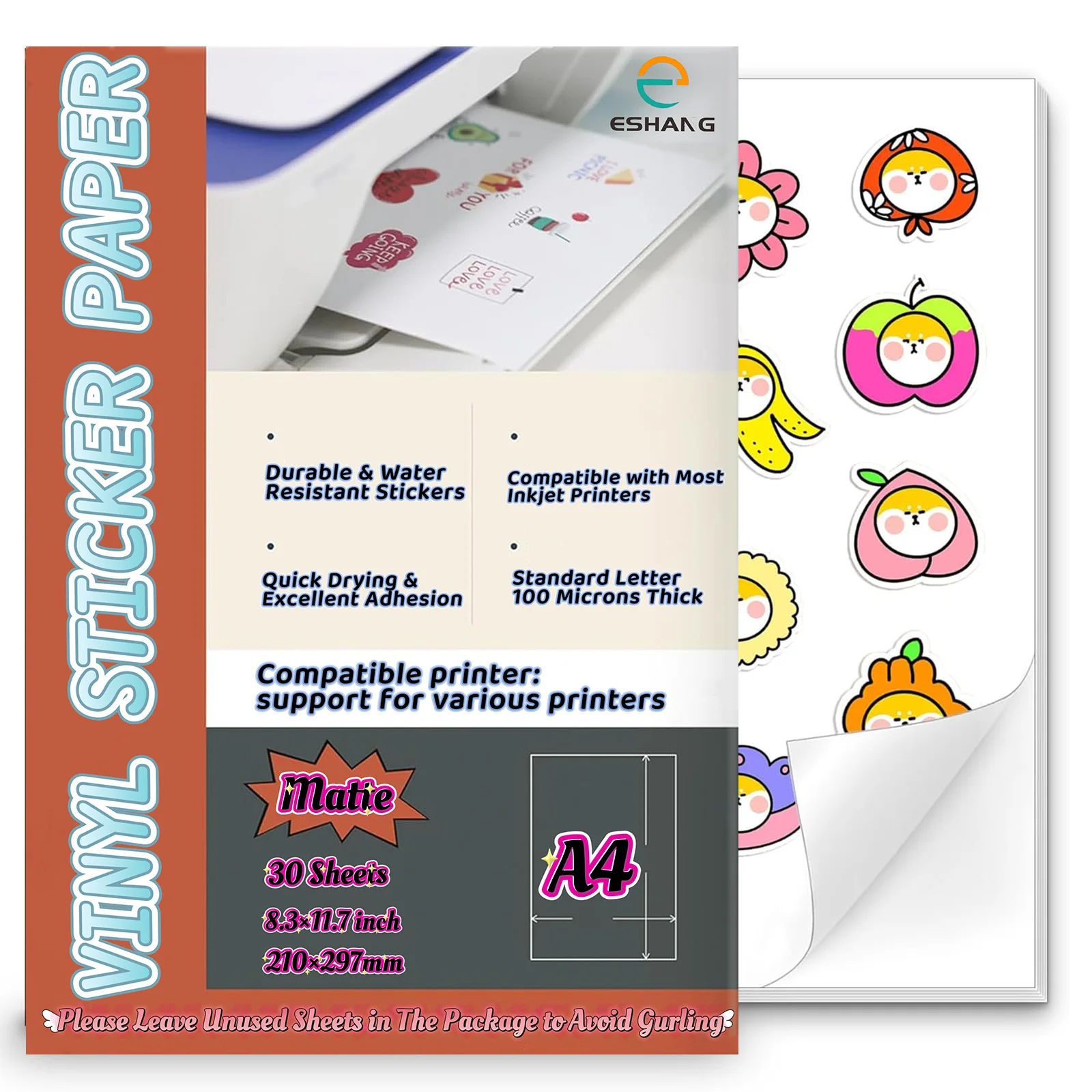 60/30 ورقة ورق لاصق فينيل للطابعة النافثة للحبر صفائح ذاتية اللصق 8.3 × 11.7 بوصة قسط غير لامع